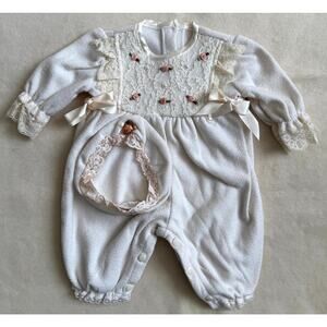 Vintage 90s It's Baby 2-Piece Romper Set Baby Girls 6-12M White Lace Rosettes